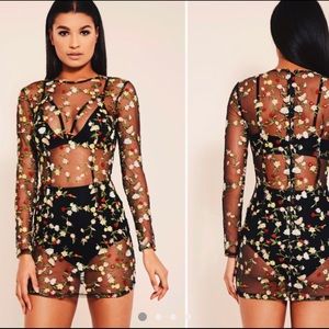 PRETTYLITTLETHING mesh floral embroidered dress